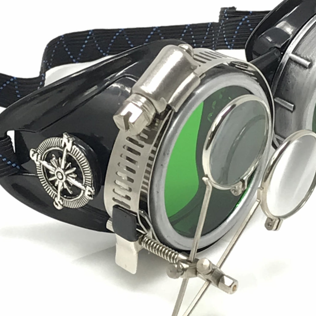 Diesel goth punk Biker Goggles with magnifying eye loupes green lenses