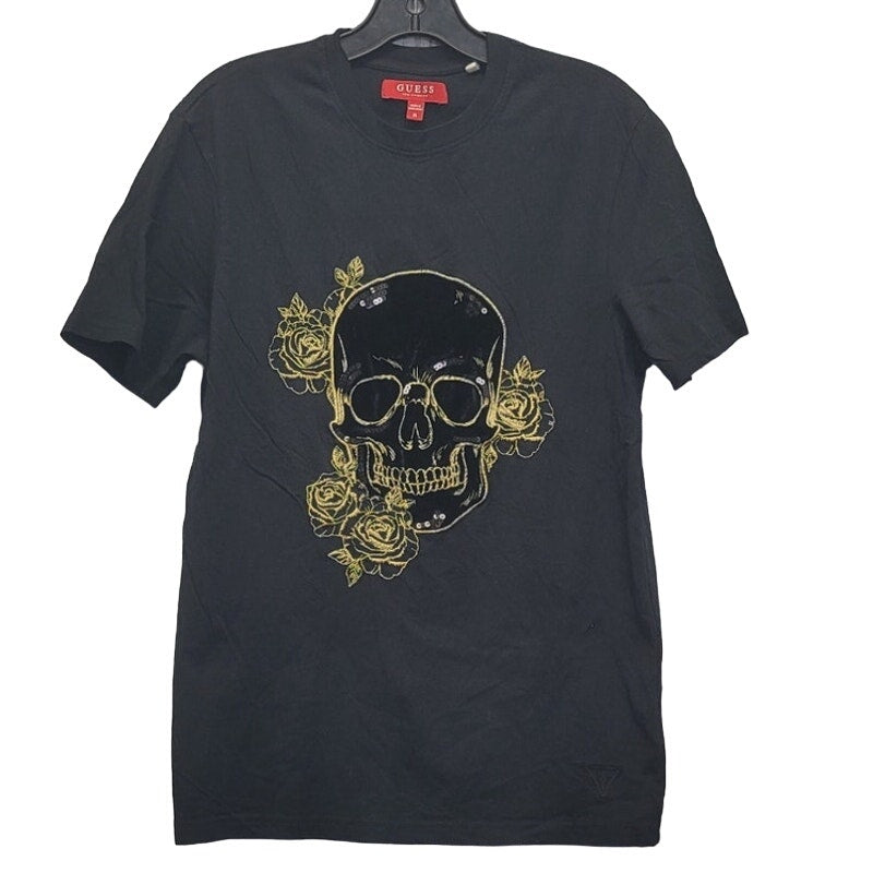 Guess Mens Medium Velvet Goth Skull Floral Short Sleeve Crew Neck Tee Shirt