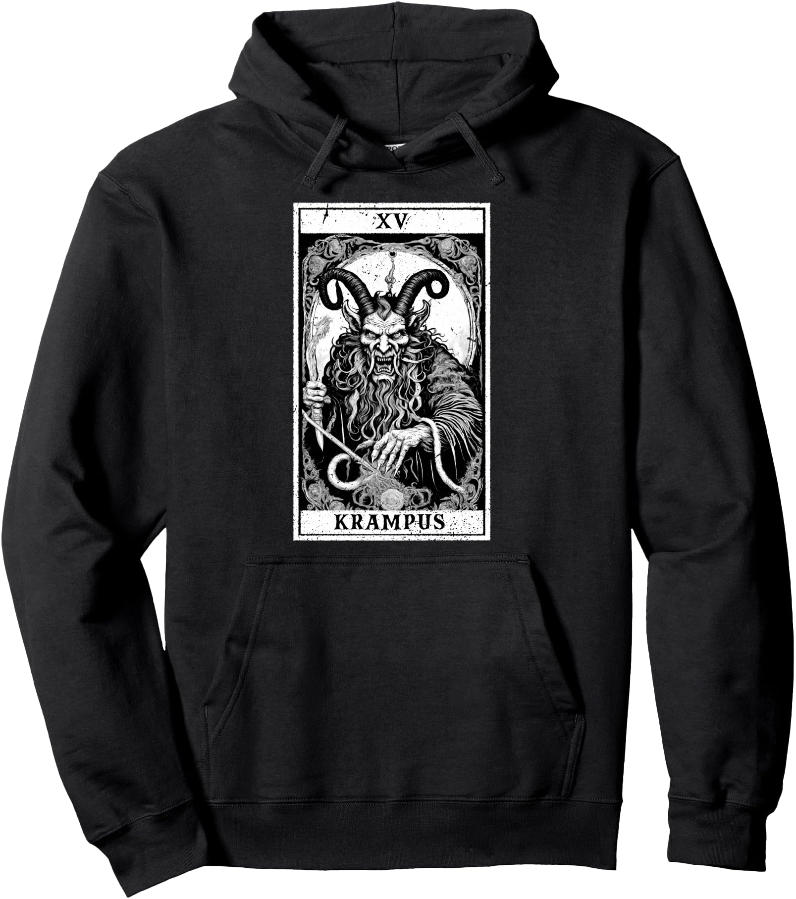 Krampus Christmas Tarot Card White on Black Goth Emo Horror Pullover Hoodie