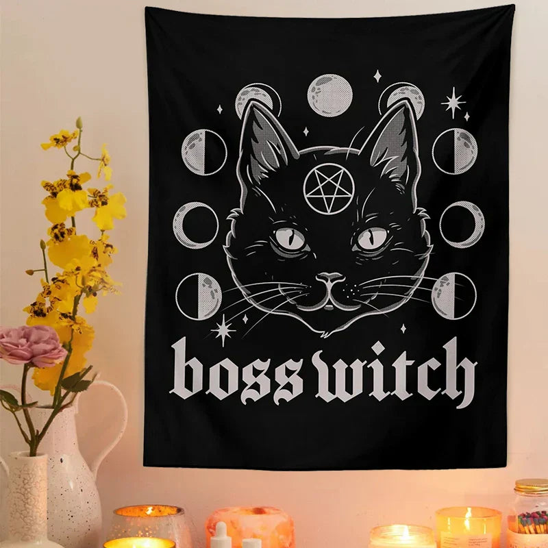 DecorBites™ Cat Witchcraft Black Tapestry Wall Hanging Baphomet Occult Home Decor