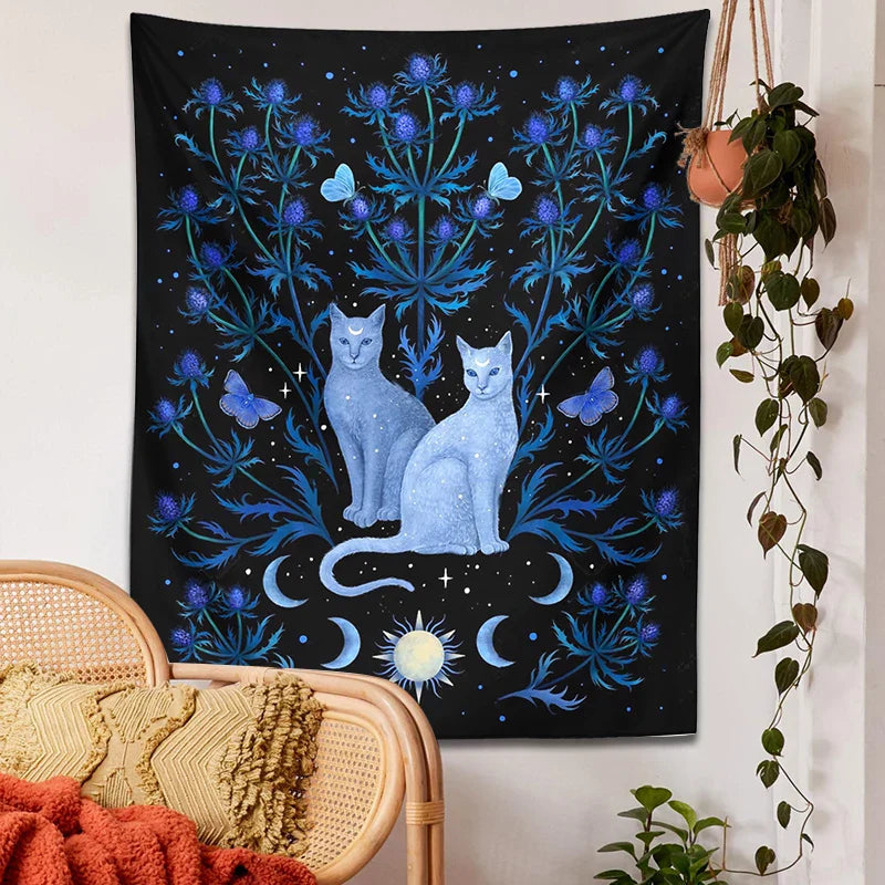 DecorBites™ Cat Tapestry Wall Hanging Moon Sun Moth Leaf Flower Occult Home Decor