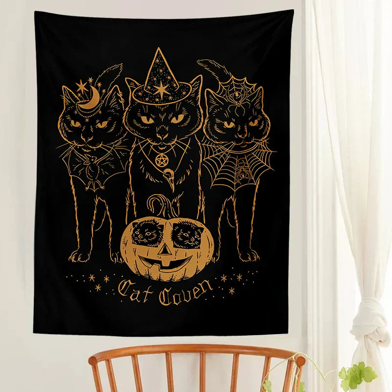 DecorBites™ Cat Coven Witchcraft Tapestry Wall Hanging - Mysterious Black Decor Tapestries