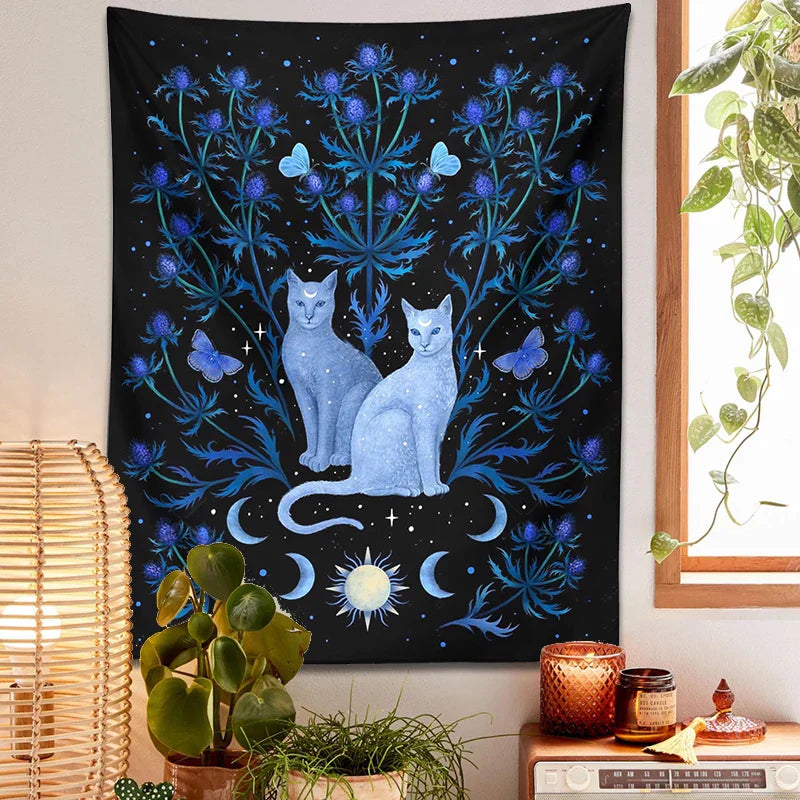 DecorBites™ Cat Tapestry Wall Hanging Moon Sun Moth Leaf Flower Occult Home Decor