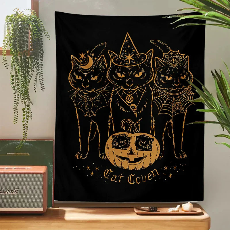 DecorBites™ Cat Coven Witchcraft Tapestry Wall Hanging - Mysterious Black Decor Tapestries