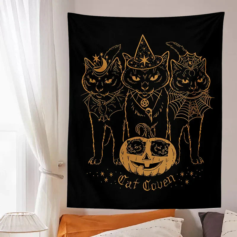 DecorBites™ Cat Coven Witchcraft Tapestry Wall Hanging - Mysterious Black Decor Tapestries