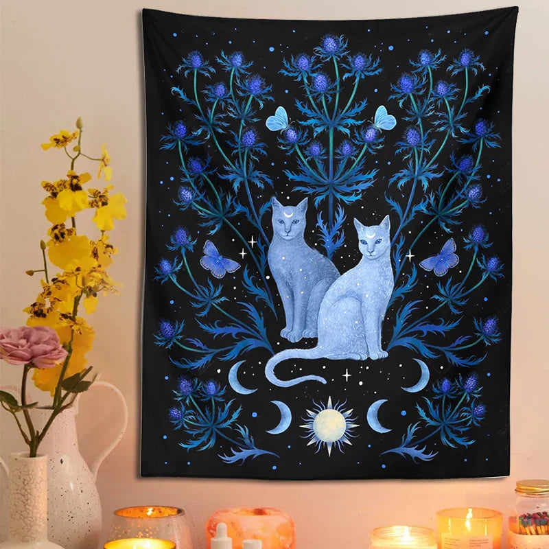 DecorBites™ Cat Tapestry Wall Hanging Moon Sun Moth Leaf Flower Occult Home Decor