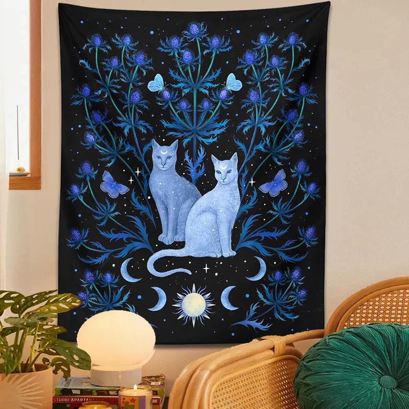 DecorBites™ Cat Tapestry Wall Hanging Moon Sun Moth Leaf Flower Occult Home Decor