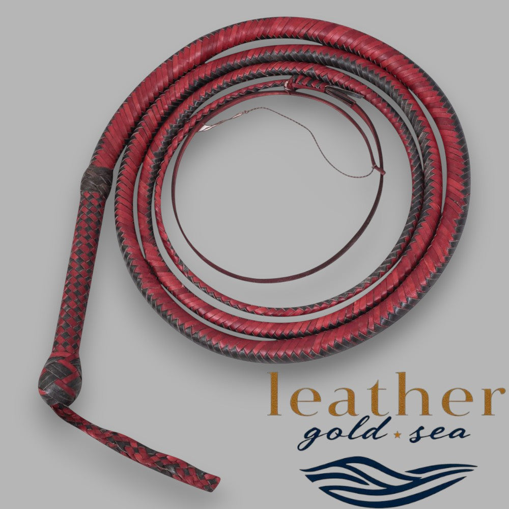 Handmade Leather Bullwhip – Black & Red Genuine Leather (4–16 ft)