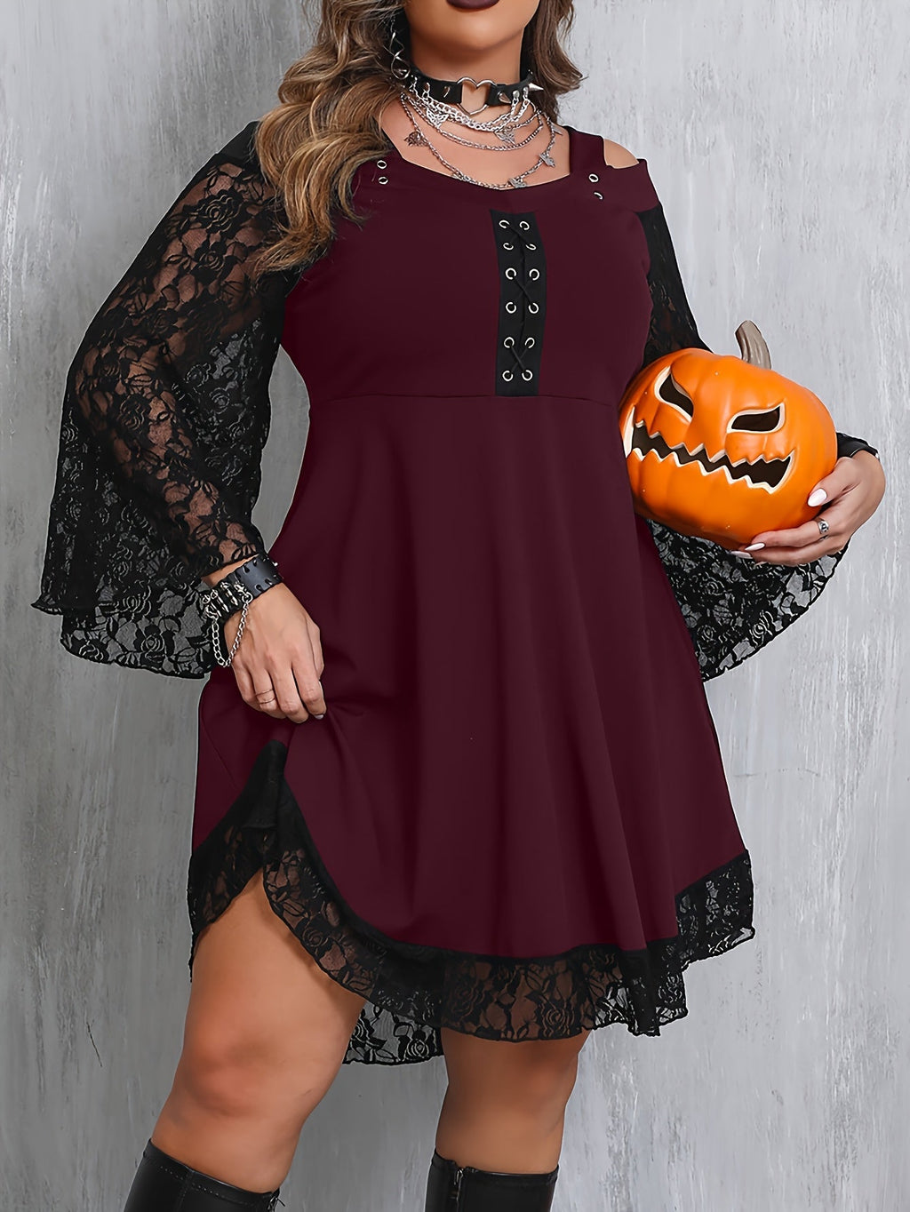 Gothic Lace V-necks Long Sleeve Aline Knee Length Dress